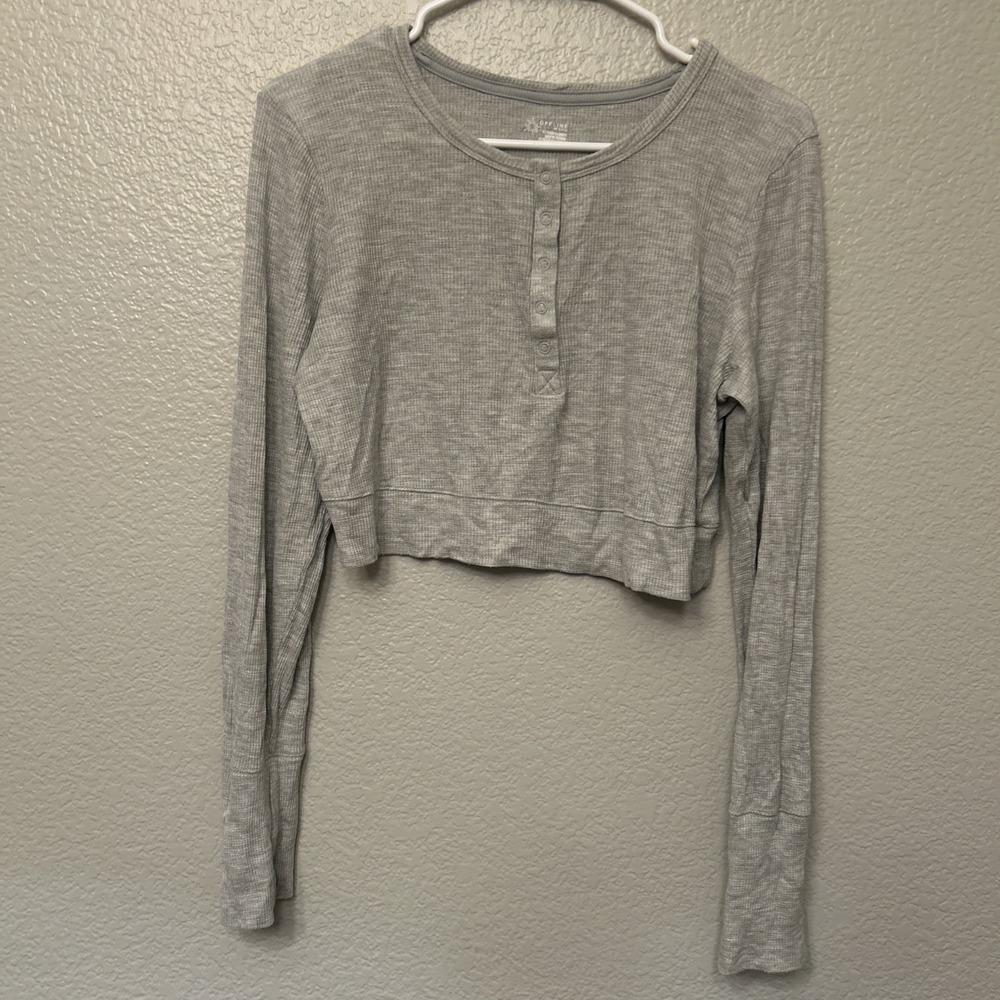 Offline by Aerie Top Large Henley Waffle Knit Crop Preppy Lounge Soft Comfy Gray